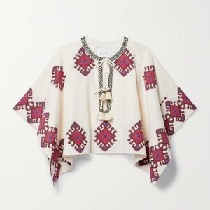 Johanna Ortiz Bushveld Poncho Embroidered Fabric Tassels Cream Size M